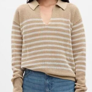 Gap Women's‎ Sweater Stripe Crochet 100% Cotton Drop Shoulder 2XL Tan White